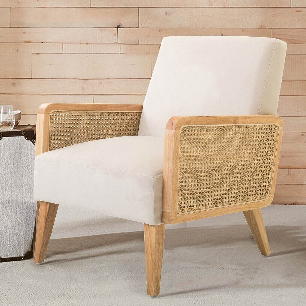 Upholstered Accent Chair with Rattan Arms