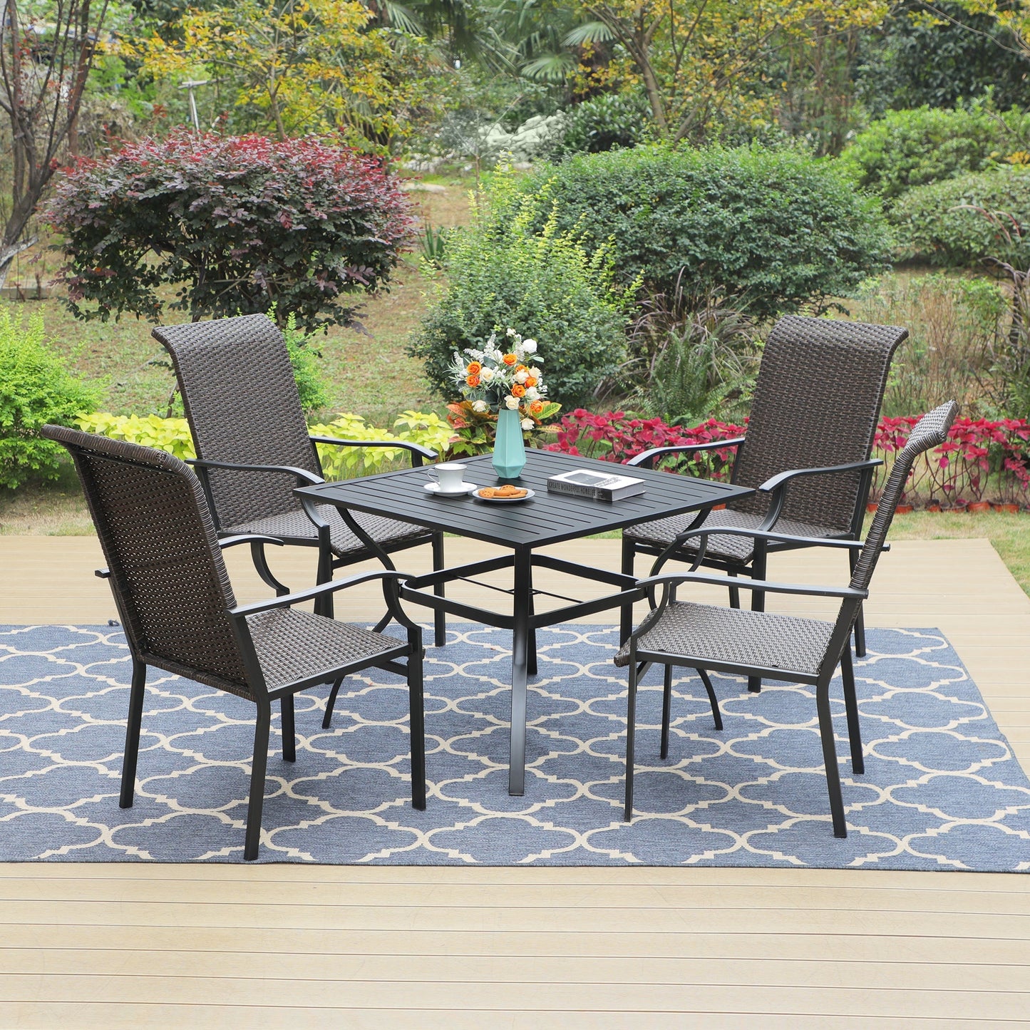 5-Piece Patio Dining Set with 4 Rattan Dining Chairs & Steel Square Table