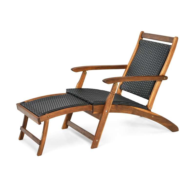 Acacia Wood Folding Wicker Patio Chaise Lounge Chair with Retractable Footrest