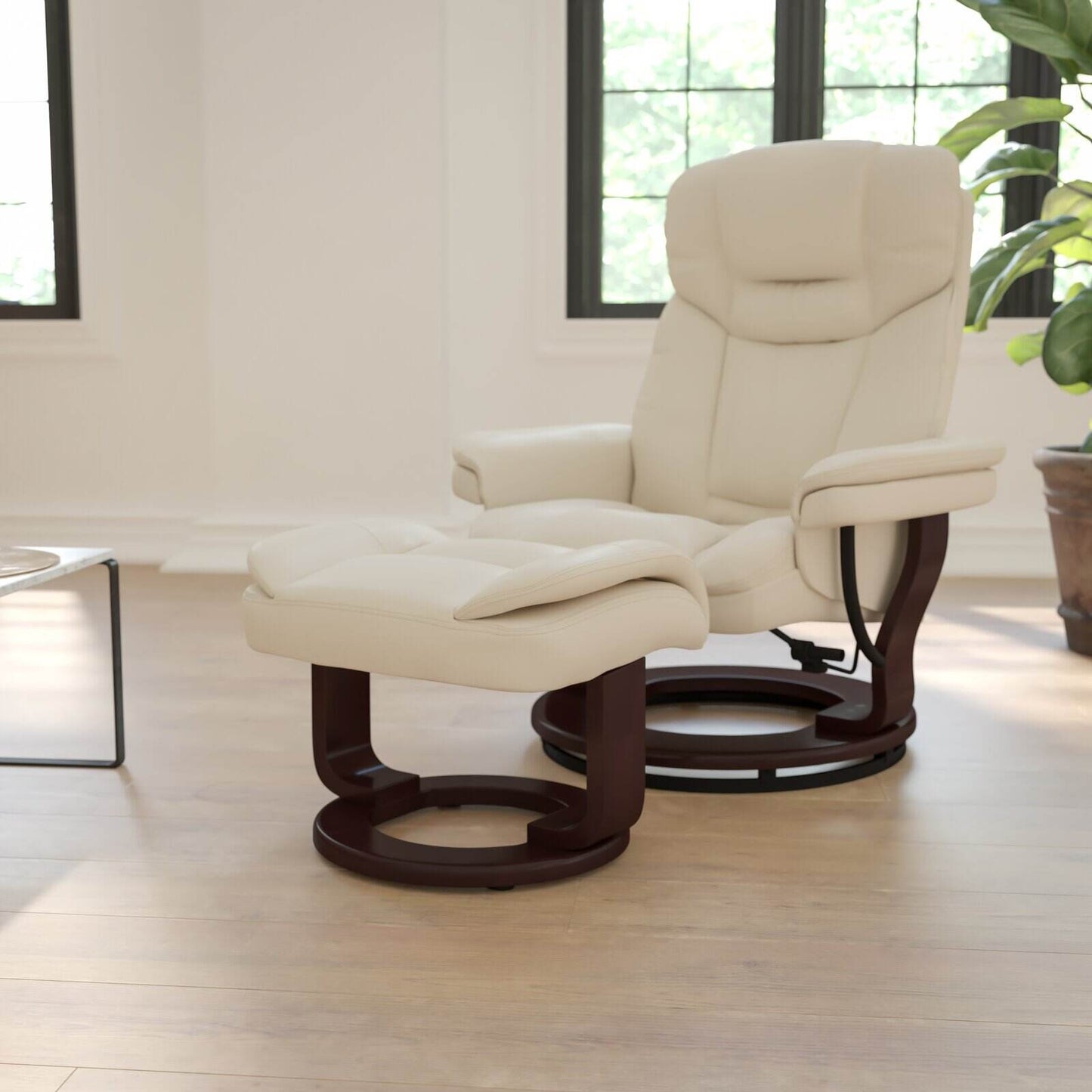 Contemporary Multi-Position Recliner and Curved Ottoman with Swivel Base