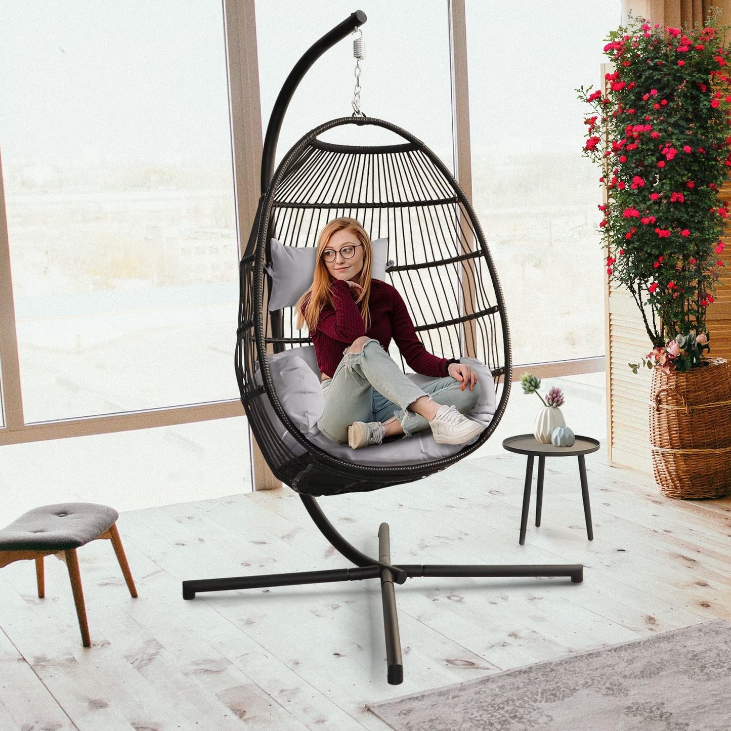 PRIVATE GARDEN Indoor Outdoor Hammock Egg Chair with Stand Large Hanging Chair Wicker Rattan Swing Chair with Removable Cushion 330LBS Capacity for Bedroom Patio Balcony