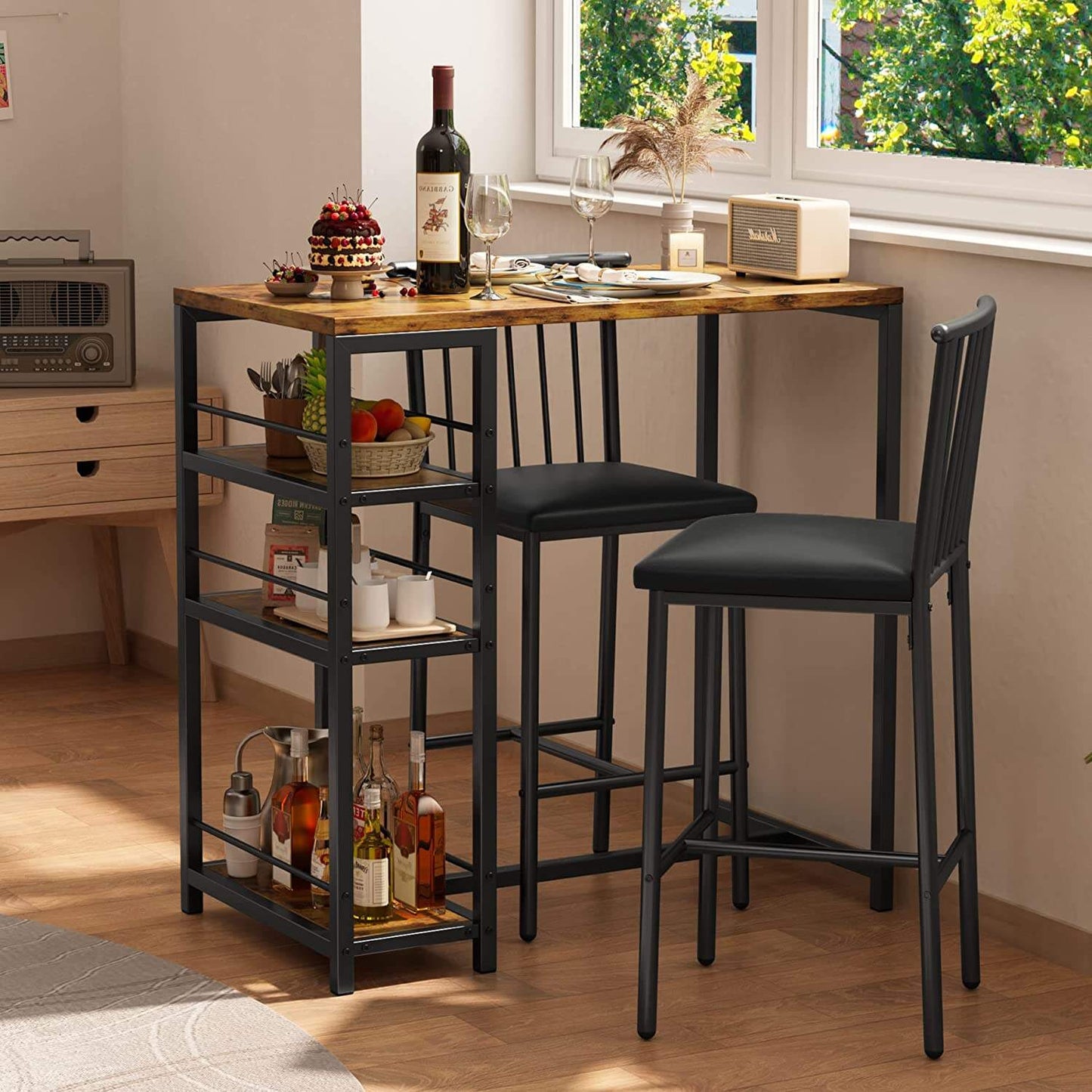 Bar Table and Chairs Set for 2 with 3 Storage Shelves, Kitchen Counter Height Dining Table Set with Pu Cushion Chairs & Thick Wood Top for Breakfast, 3-Piece Modern Pub Table Set