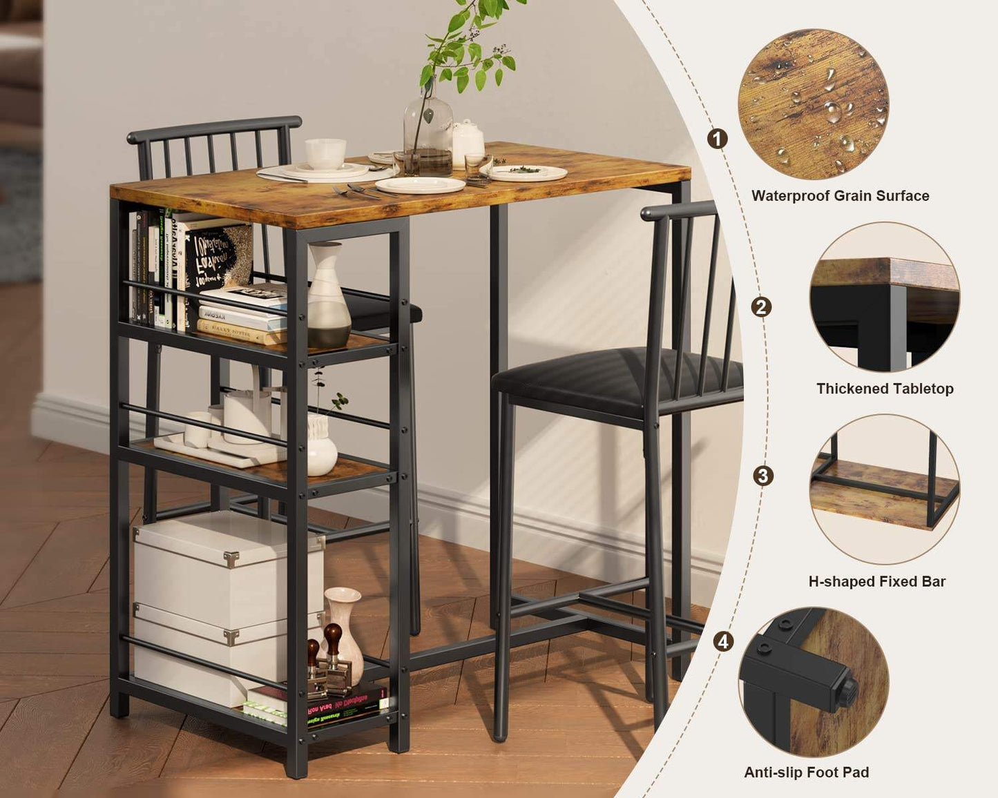 Bar Table and Chairs Set for 2 with 3 Storage Shelves, Kitchen Counter Height Dining Table Set with Pu Cushion Chairs & Thick Wood Top for Breakfast, 3-Piece Modern Pub Table Set