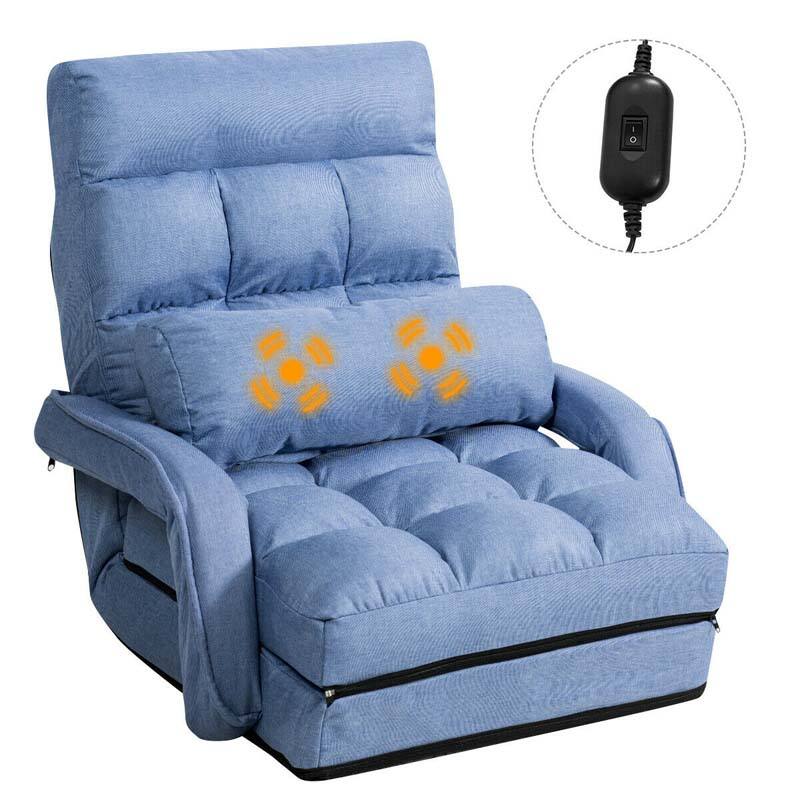 Foldable Massage Floor Chair Recliner, Single Lazy Sofa with Ergonomic Armrest, Adjustable 5 Backrest Positions & Detachable Mat