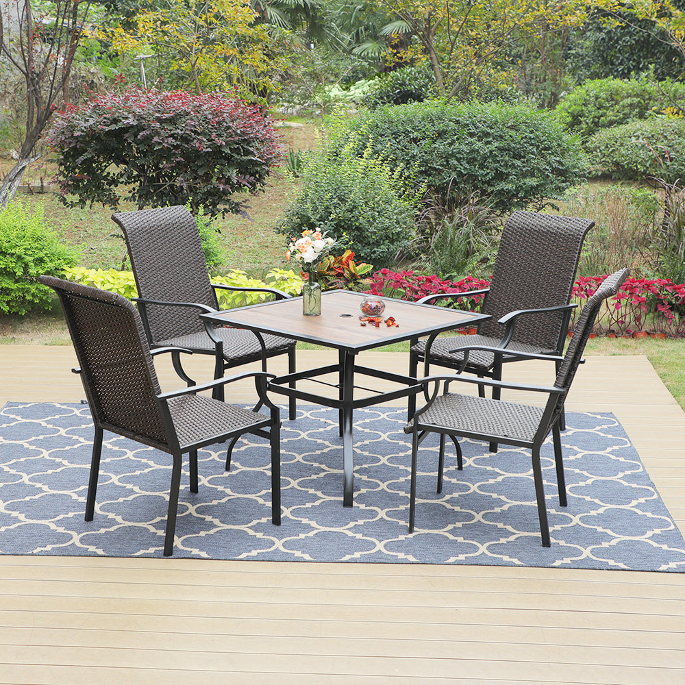 5-Piece Patio Dining Set with 4 Rattan Dining Chairs & Wood-look Square Table