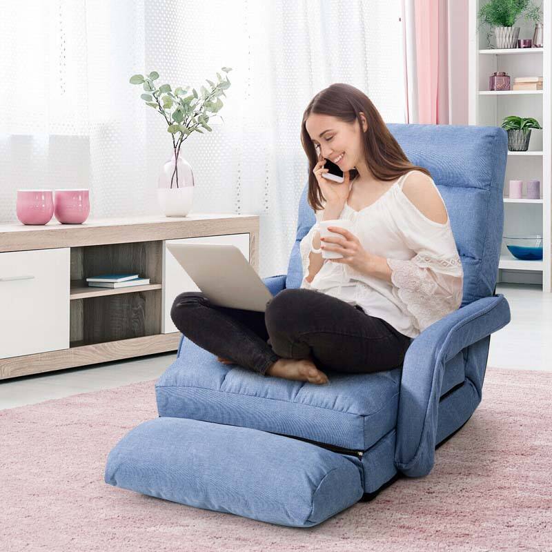 Foldable Massage Floor Chair Recliner, Single Lazy Sofa with Ergonomic Armrest, Adjustable 5 Backrest Positions & Detachable Mat