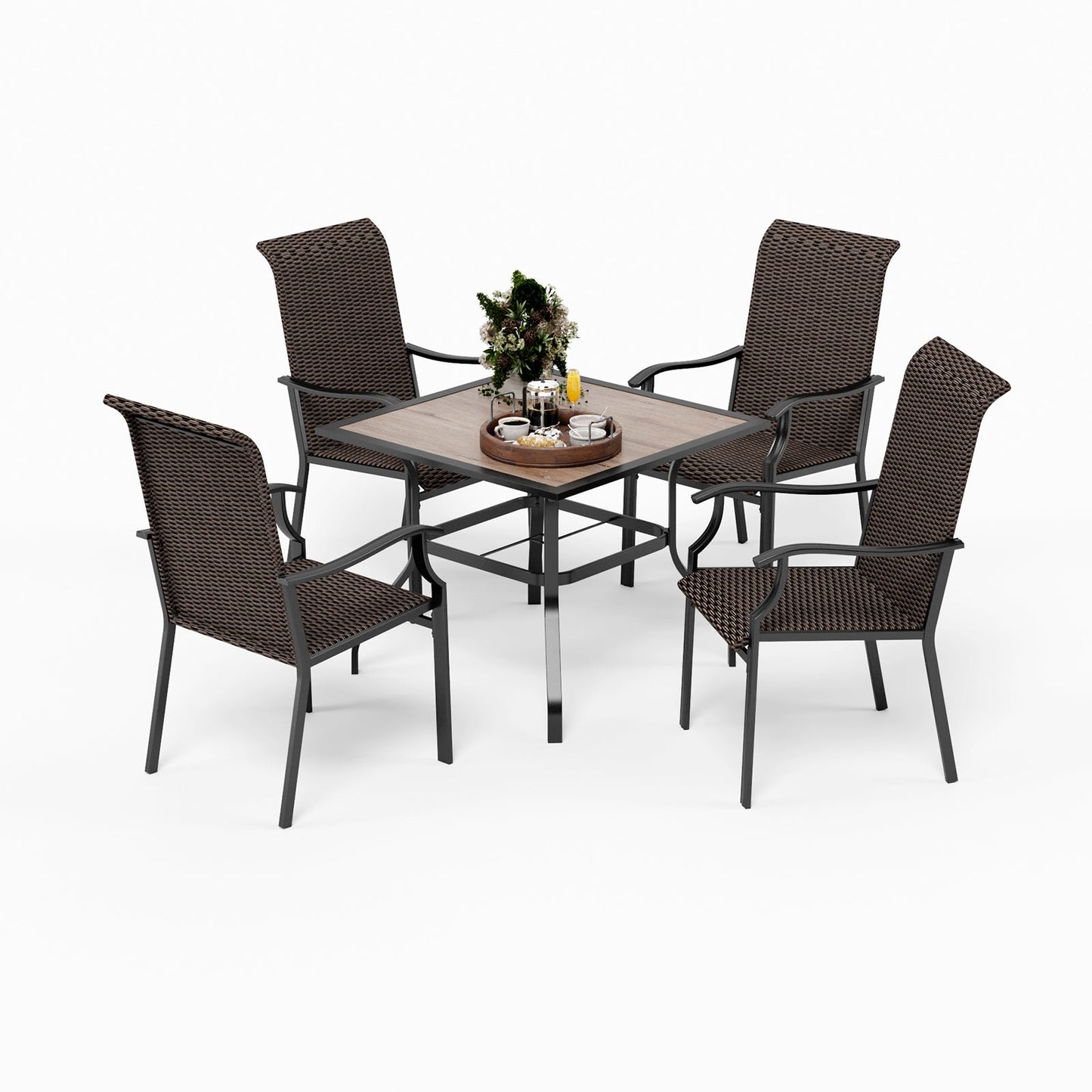 5-Piece Patio Dining Set with 4 Rattan Dining Chairs & Wood-look Square Table