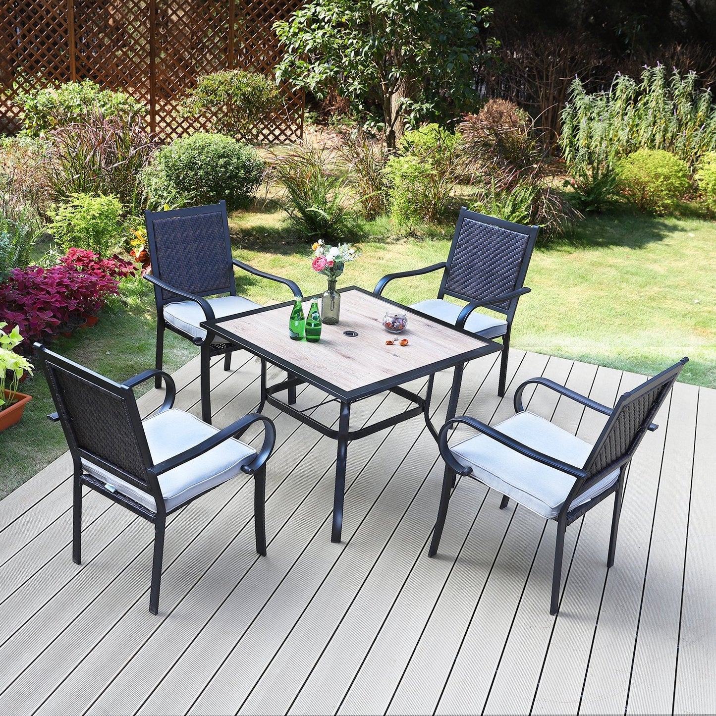 5-Piece Patio Dining Set with 4 Rattan Dining Chairs & Wood-look Square Table