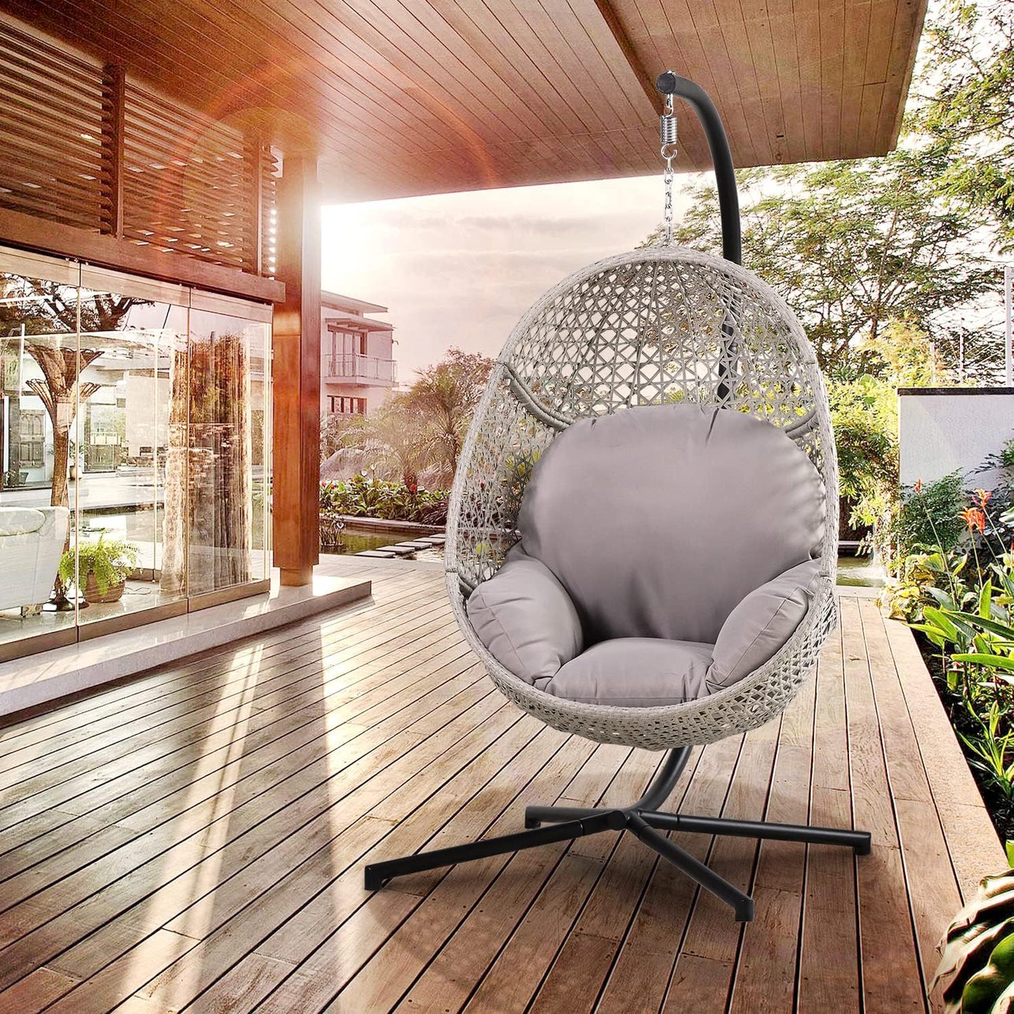 PRIVATE GARDEN Indoor Outdoor Hammock Egg Chair with Stand Large Hanging Chair Wicker Rattan Swing Chair with Removable Cushion 330LBS Capacity for Bedroom Patio Balcony