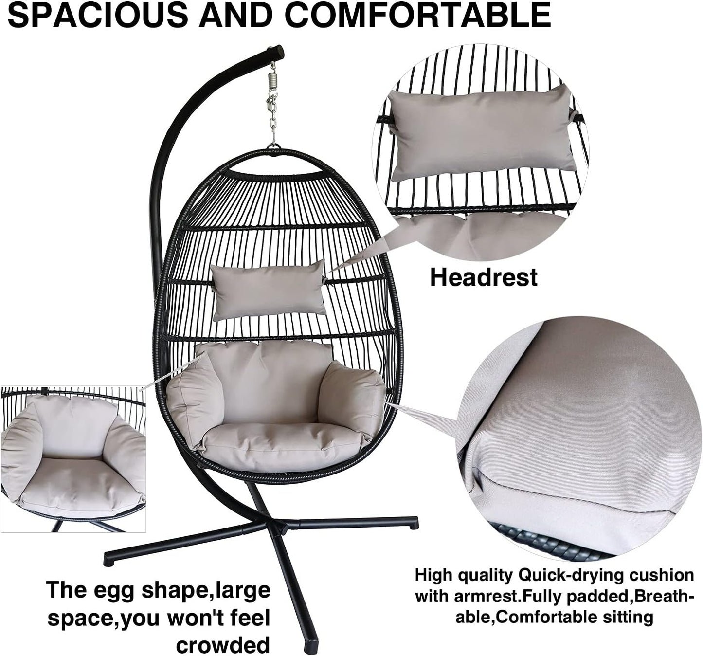 PRIVATE GARDEN Indoor Outdoor Hammock Egg Chair with Stand Large Hanging Chair Wicker Rattan Swing Chair with Removable Cushion 330LBS Capacity for Bedroom Patio Balcony