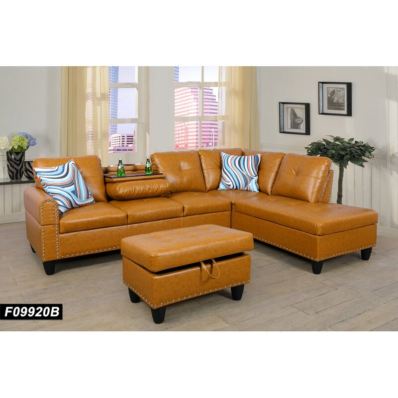 Brandow 97.2" Wide Faux Leather Sofa & Chaise With Ottoman