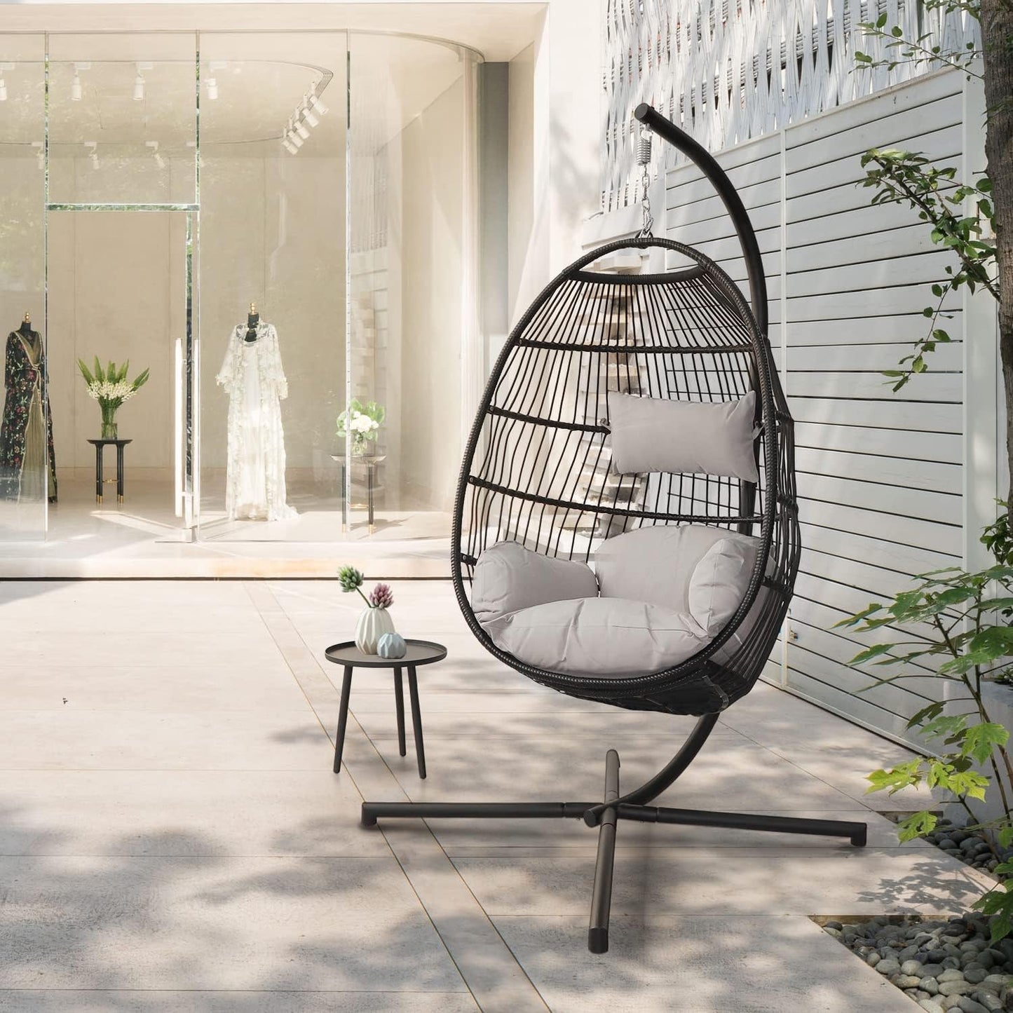 PRIVATE GARDEN Indoor Outdoor Hammock Egg Chair with Stand Large Hanging Chair Wicker Rattan Swing Chair with Removable Cushion 330LBS Capacity for Bedroom Patio Balcony