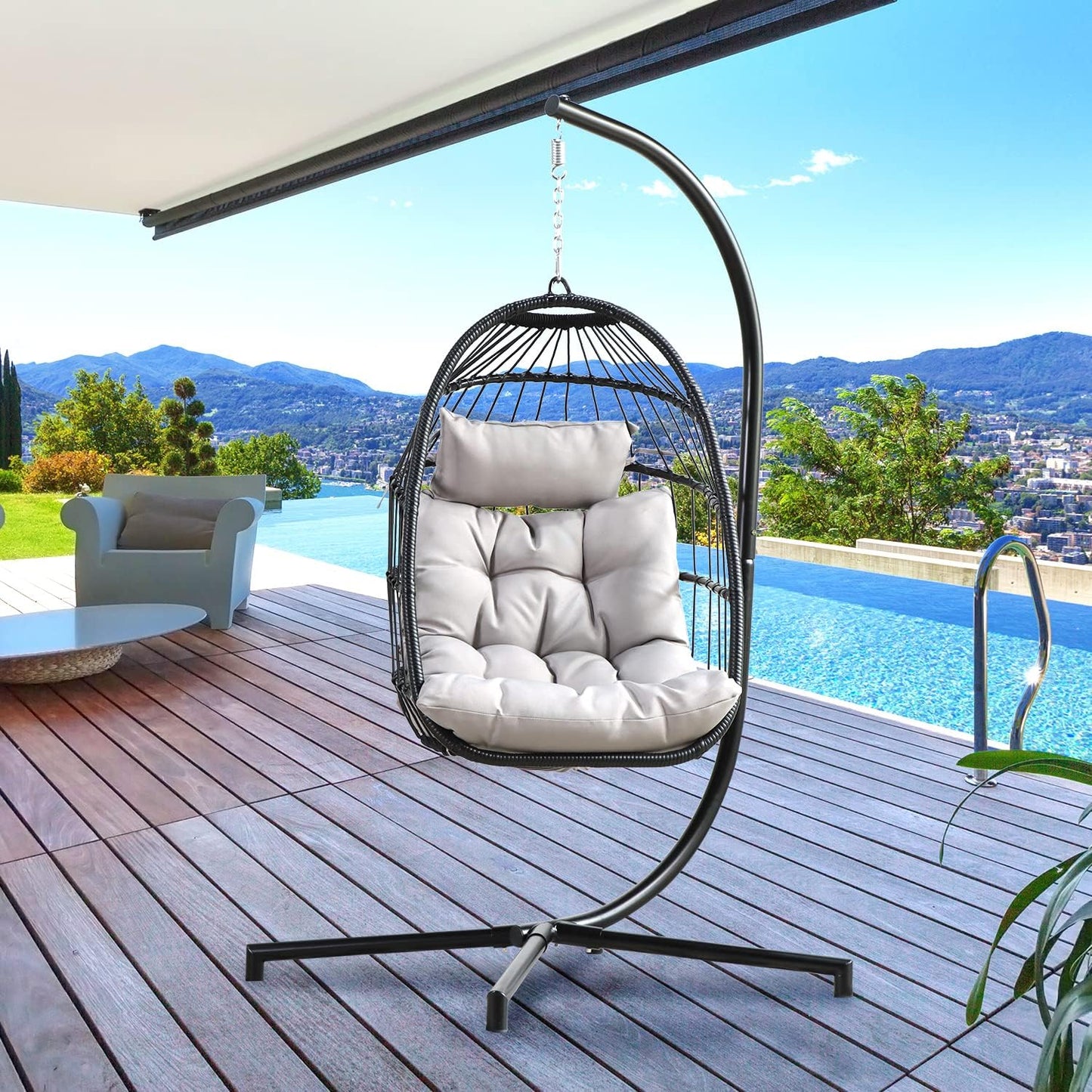 PRIVATE GARDEN Indoor Outdoor Hammock Egg Chair with Stand Large Hanging Chair Wicker Rattan Swing Chair with Removable Cushion 330LBS Capacity for Bedroom Patio Balcony