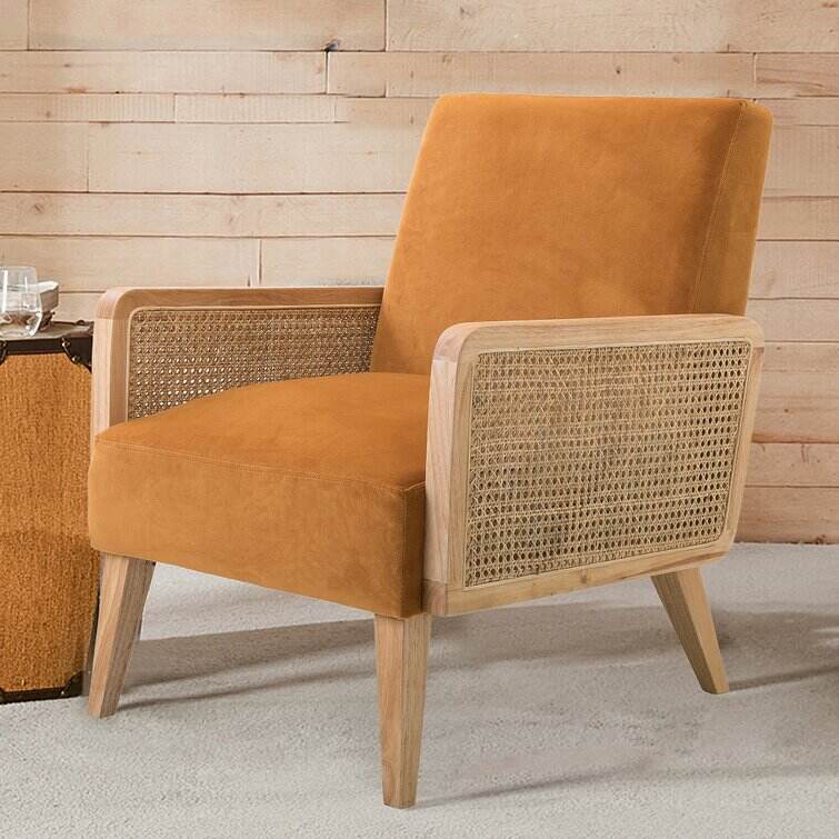 Upholstered Accent Chair with Rattan Arms