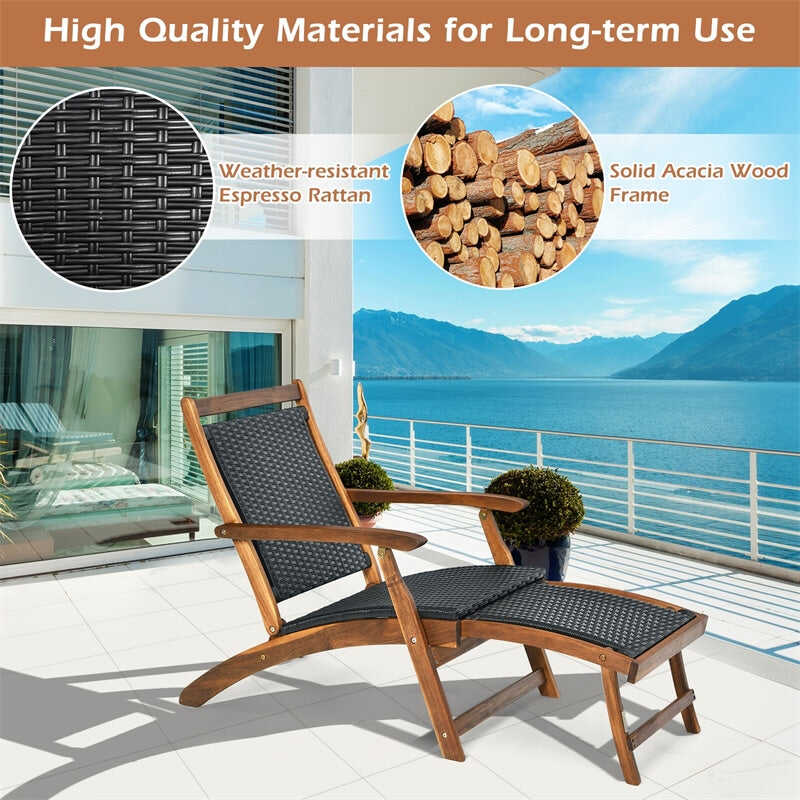 Acacia Wood Folding Wicker Patio Chaise Lounge Chair with Retractable Footrest