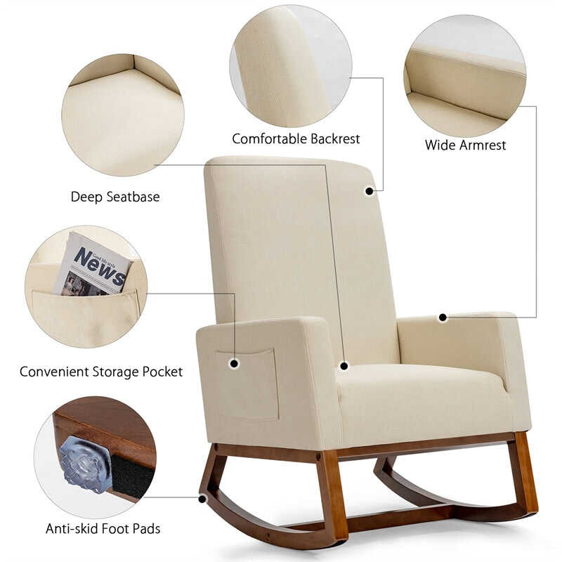 Upholstered Rocking Chair High Back Glider Rocker Chair Mid-Century Nursery Chair Modern Fabric Armchair with Wood Base