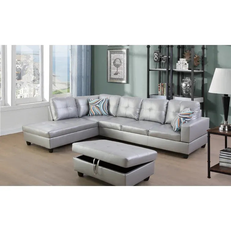 Wilhelmine 103.5" Wide Faux Leather Sofa & Chaise with Ottoman