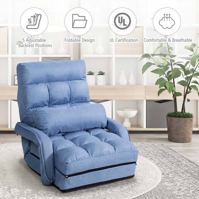 Foldable Massage Floor Chair Recliner, Single Lazy Sofa with Ergonomic Armrest, Adjustable 5 Backrest Positions & Detachable Mat