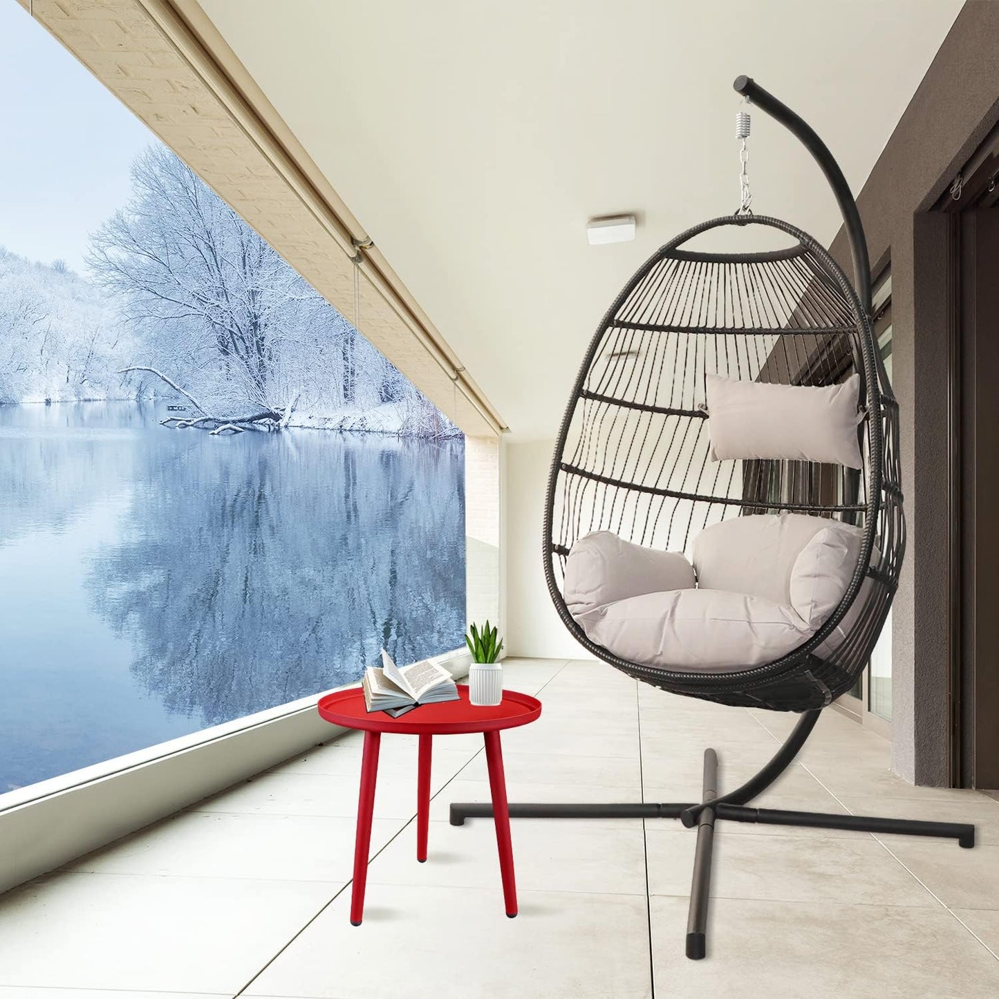 PRIVATE GARDEN Indoor Outdoor Hammock Egg Chair with Stand Large Hanging Chair Wicker Rattan Swing Chair with Removable Cushion 330LBS Capacity for Bedroom Patio Balcony