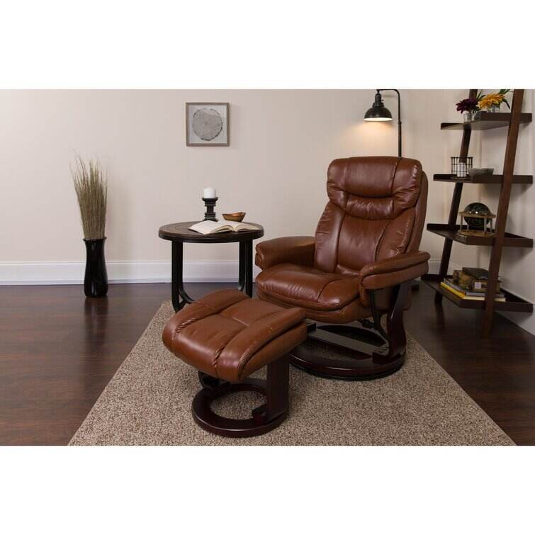 Contemporary Multi-Position Recliner and Curved Ottoman with Swivel Base